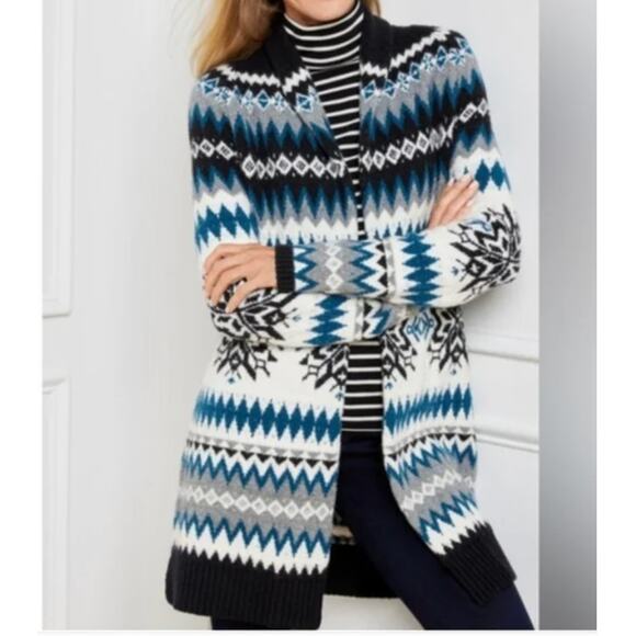 Talbots Wool Open Front Long Line Blue Fair Isle Cardigan Sweater Sz M Mature - Picture 1 of 10